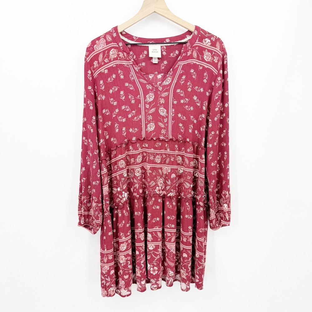 Knox Rose Floral Tiered Boho Mini Dress V-Neck Long Sleeve XXL Cottagecore Flowy